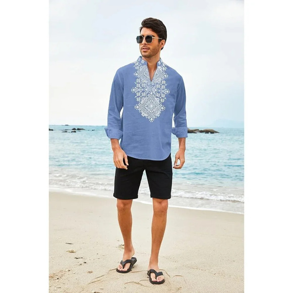 Men's Blue Shirt Long Sleeve Floral Print Casual Cotton Beach Hippie T Shirt - Picture 3 of 7
